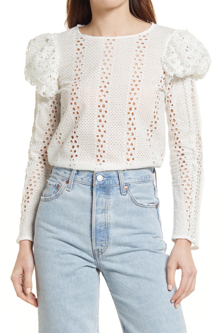 Broderie Knit Long Sleeve Top, Main, color, WHITE