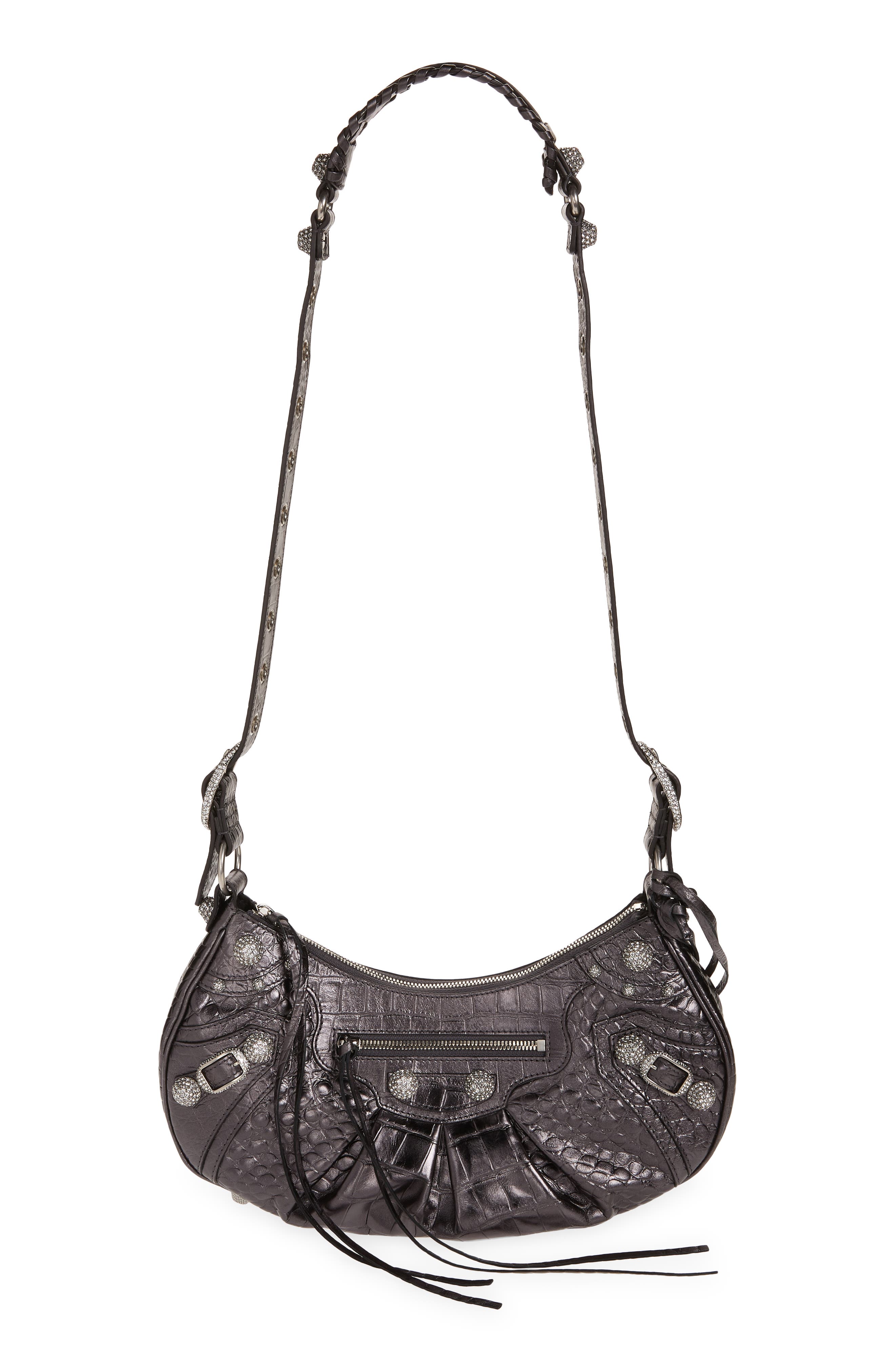 Balenciaga Small Le Cagole Metallic Croc Embossed Leather Shoulder Bag, Main, color, 