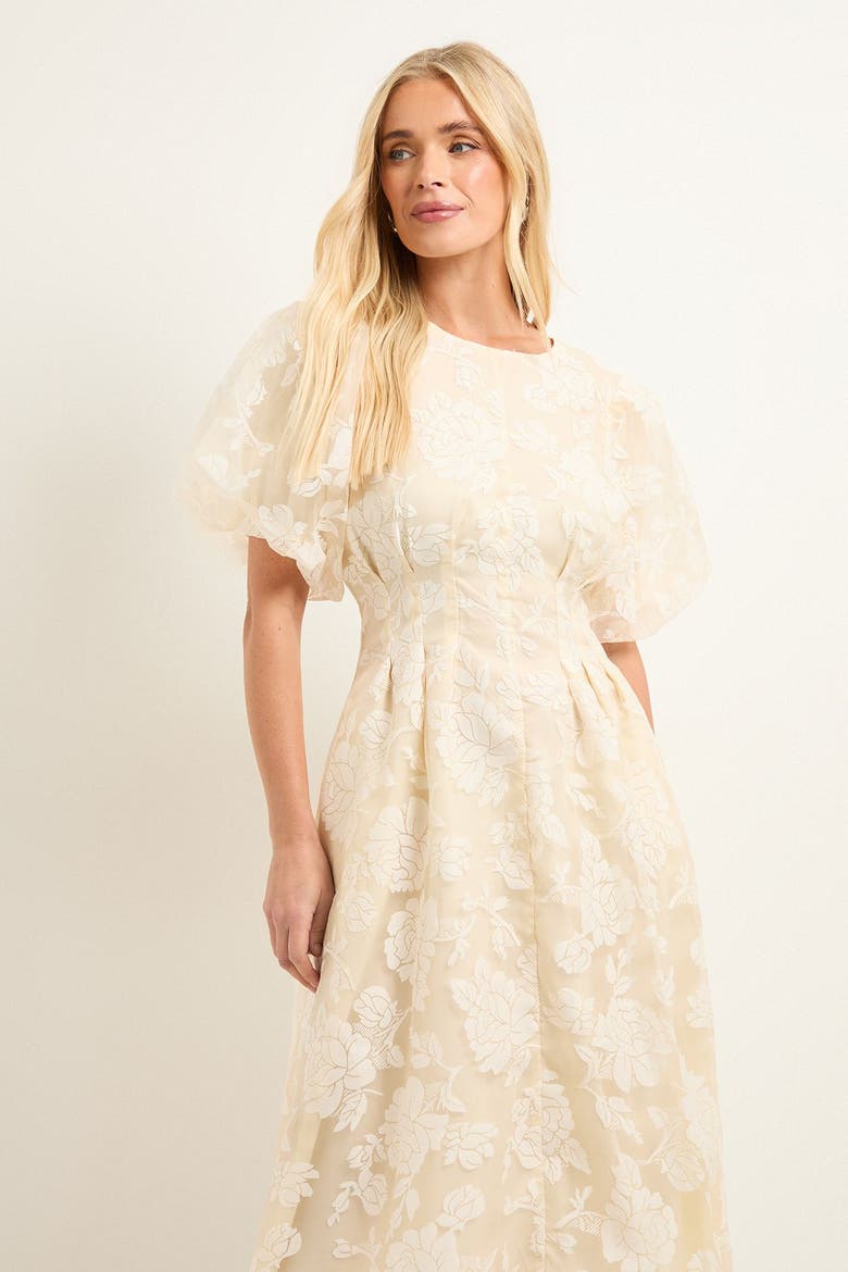 Petite Floral Puff Sleeve Midi Dress, Alternate, color, Yellow