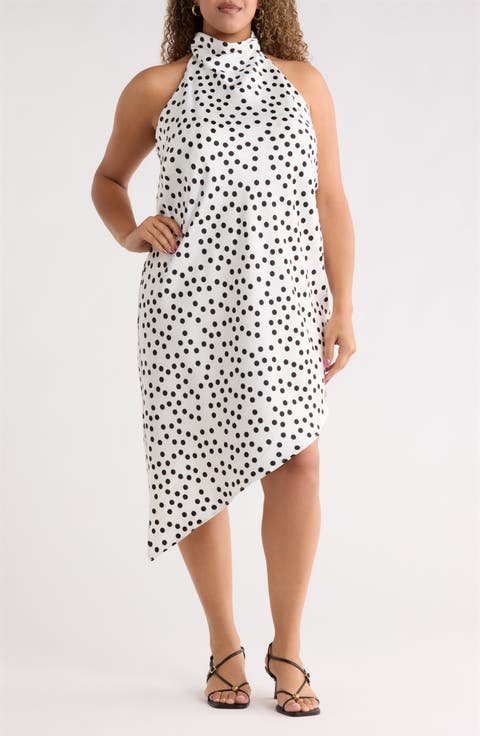 Polka Dot Asymmetric Hem Satin Halter Dress (Plus)