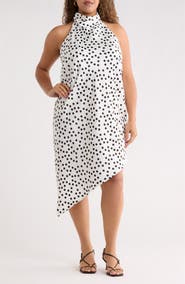 Renee C Polka Dot Asymmetric Hem Satin Halter Dress