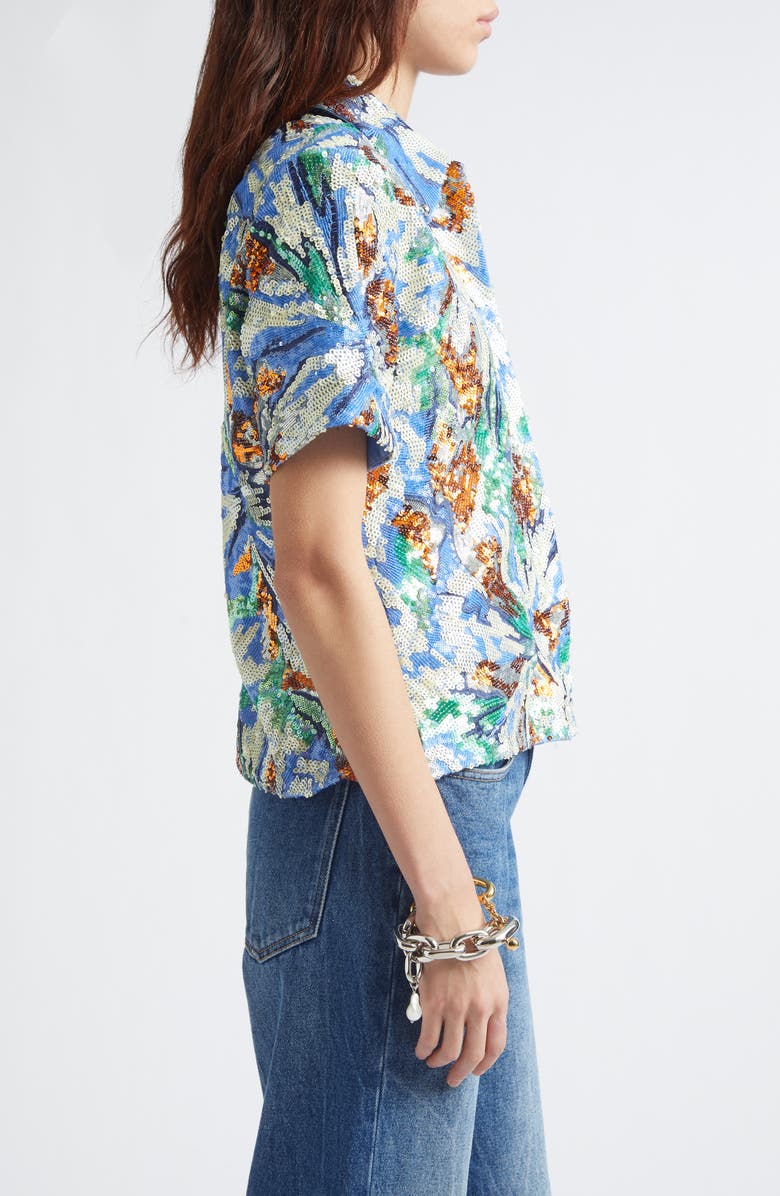 Rabanne Floral Sequin Short Sleeve Shirt, Alternate, color, Abstract Blue Flowers