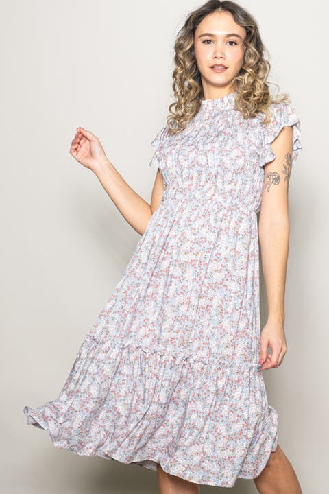 Floral Mock Neck Smocked Ruffe Sleeve Midi Dress