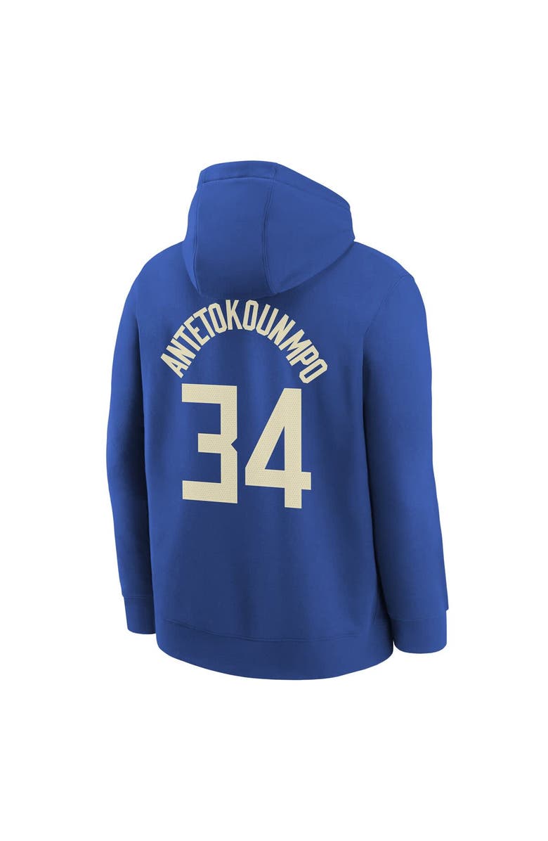 Nike Youth Nike Giannis Antetokounmpo Royal Milwaukee Bucks 2024/25 City Edition Name & Number Pullover Hoodie, Alternate, color, Royal