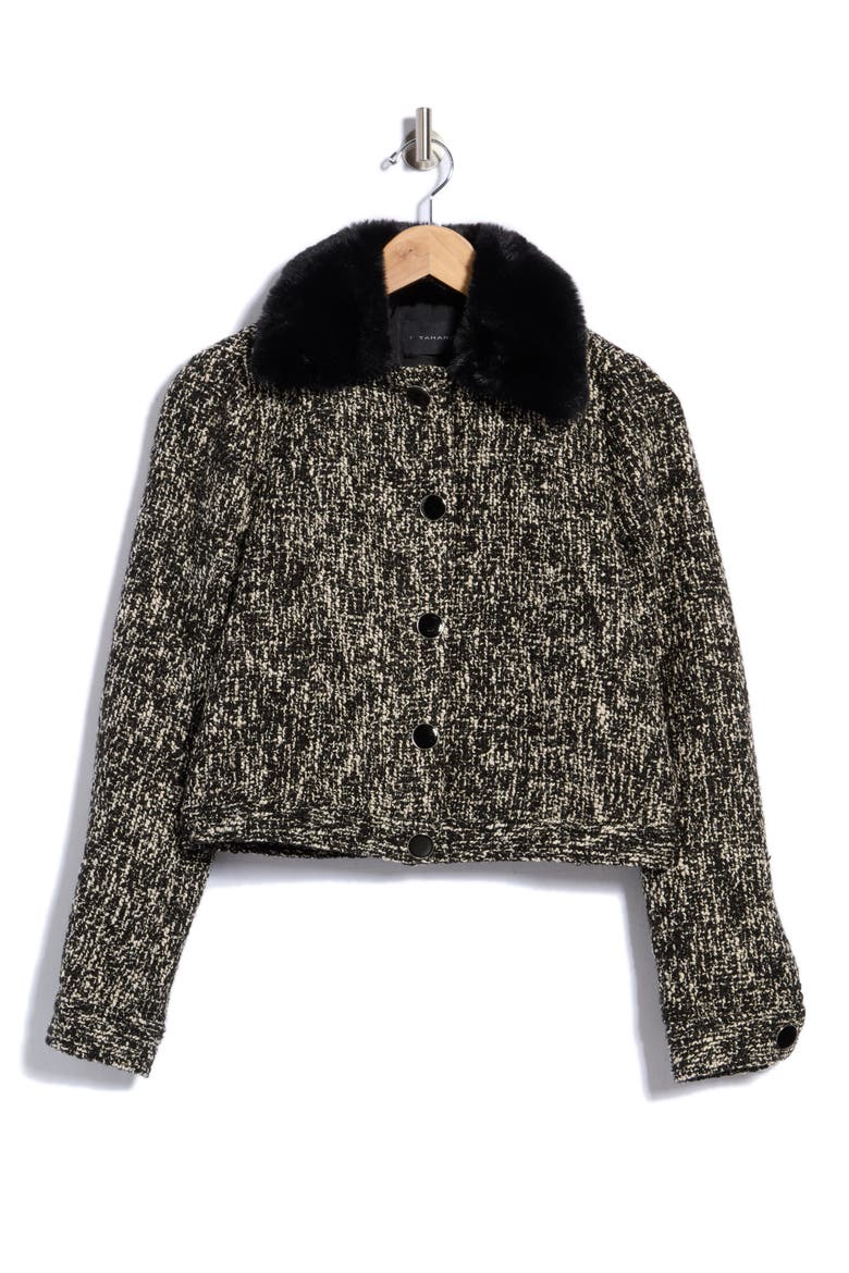 Faux Fur Collared Bouclé Jacket, Alternate, color, BLACK/ IVORY