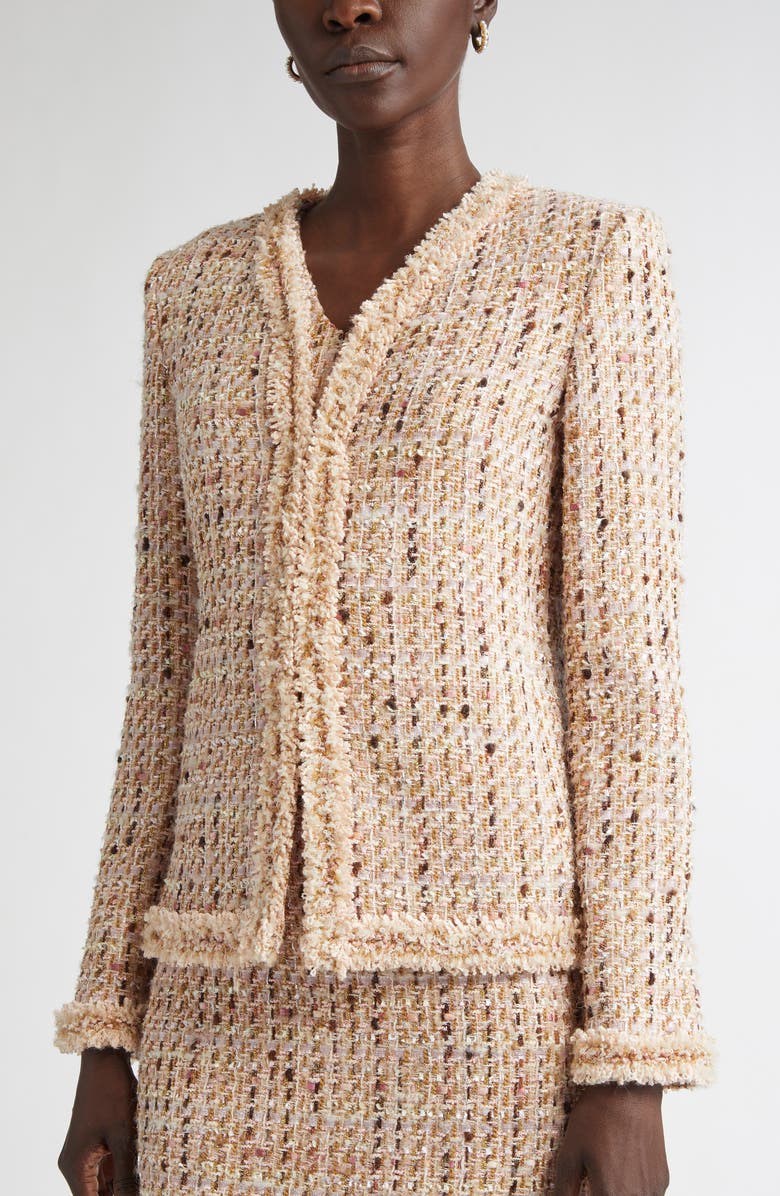 ST. JOHN Susan Fringe Trim Metallic Tweed Jacket, Alternate, color, Power Rose/ Acorn Multi