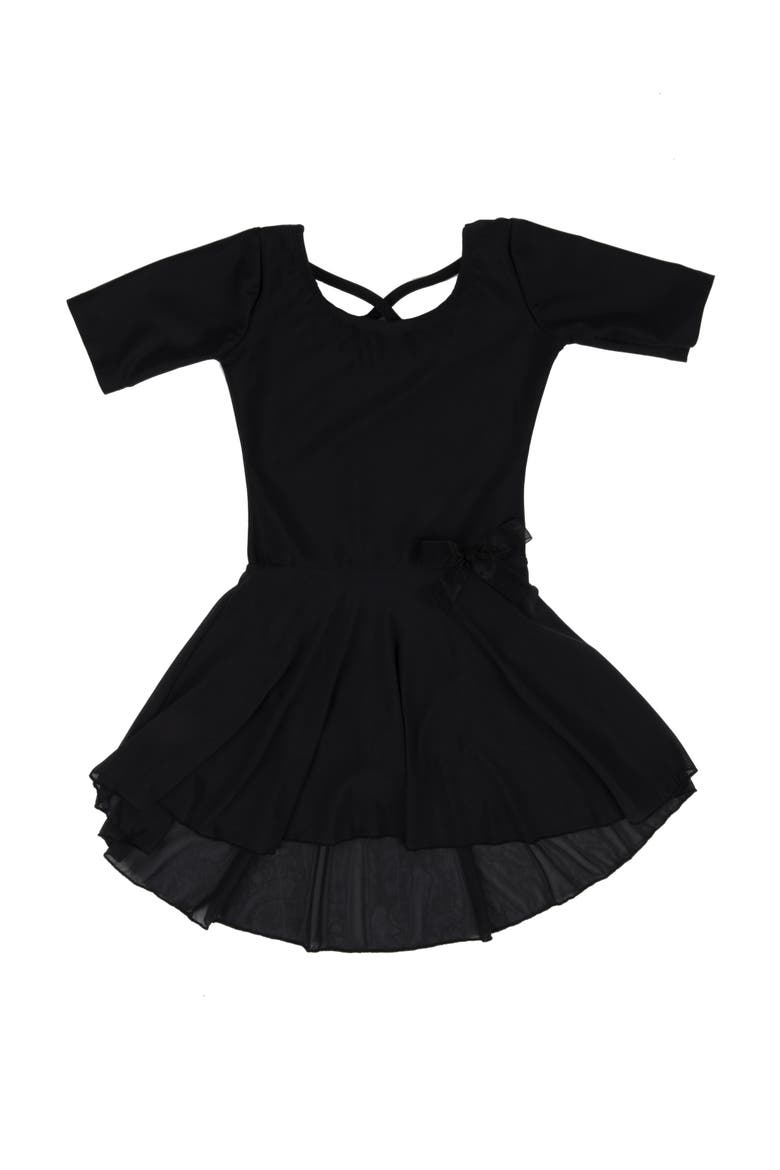 Girls Short Sleeve Skirted Leotard, Main, color, BLACK