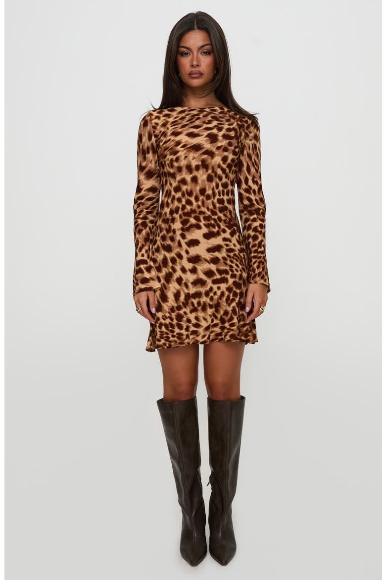 Halo Bias Cut Leopard Print Long Sleeve Minidress, Alternate, color, BROWN