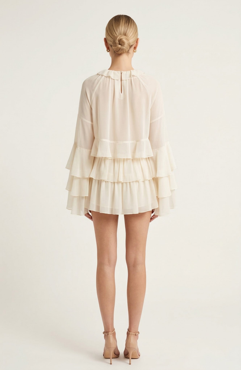 Modenaire Ruffle Tier Mini Skirt Set with Long Sleeve Blouse, Alternate, color, Ivory