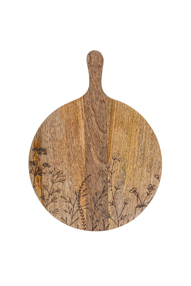 Mango Wood Cheese Board with Laser Etched Flowers, Natural, Alternate, color, Natural