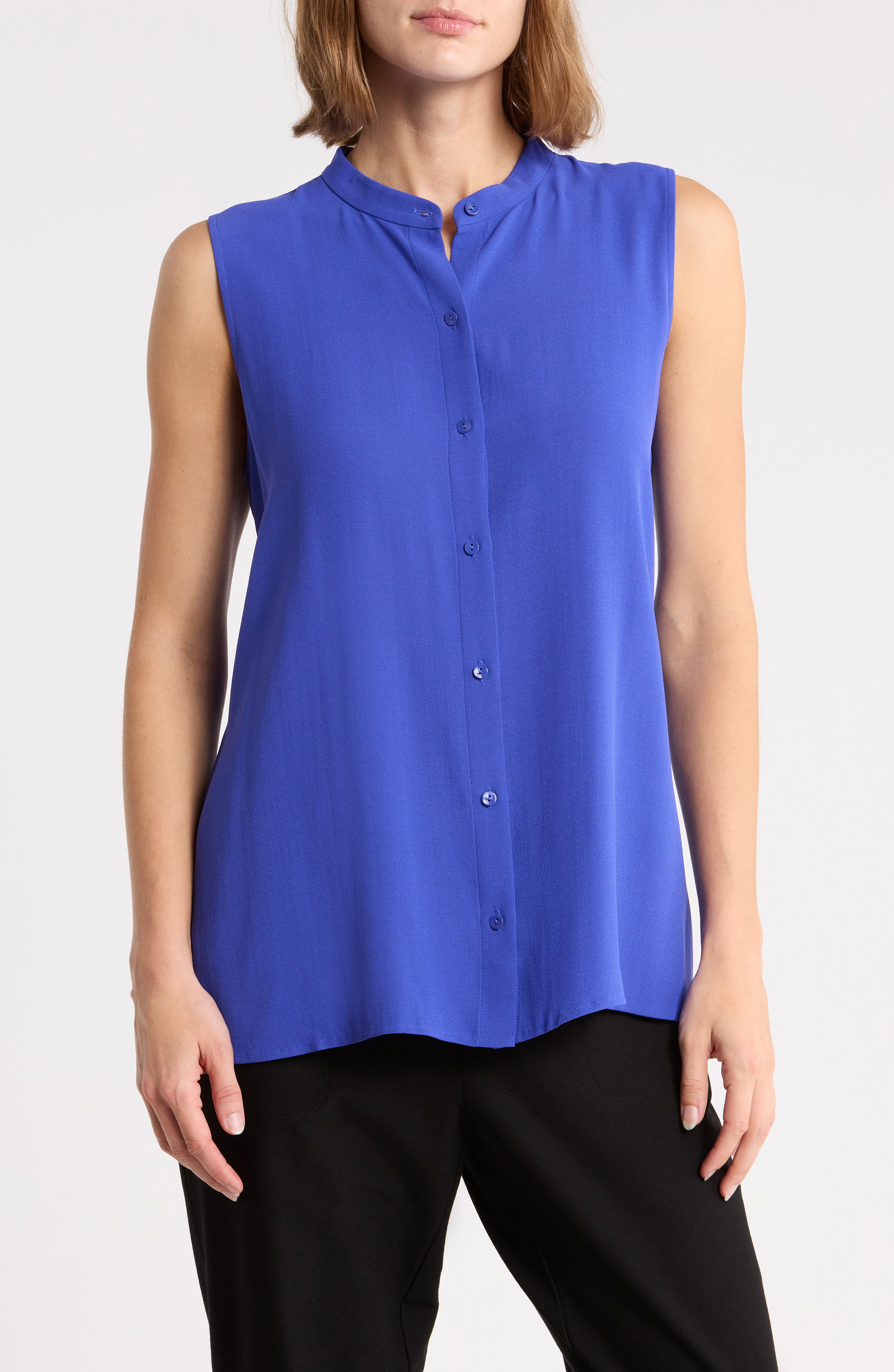 Sleeveless Silk Button-Up Shirt