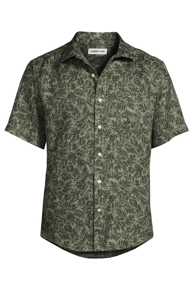 Traditional Fit Short Sleeve Linen Shirt, Alternate, color, Forest Moss Palms