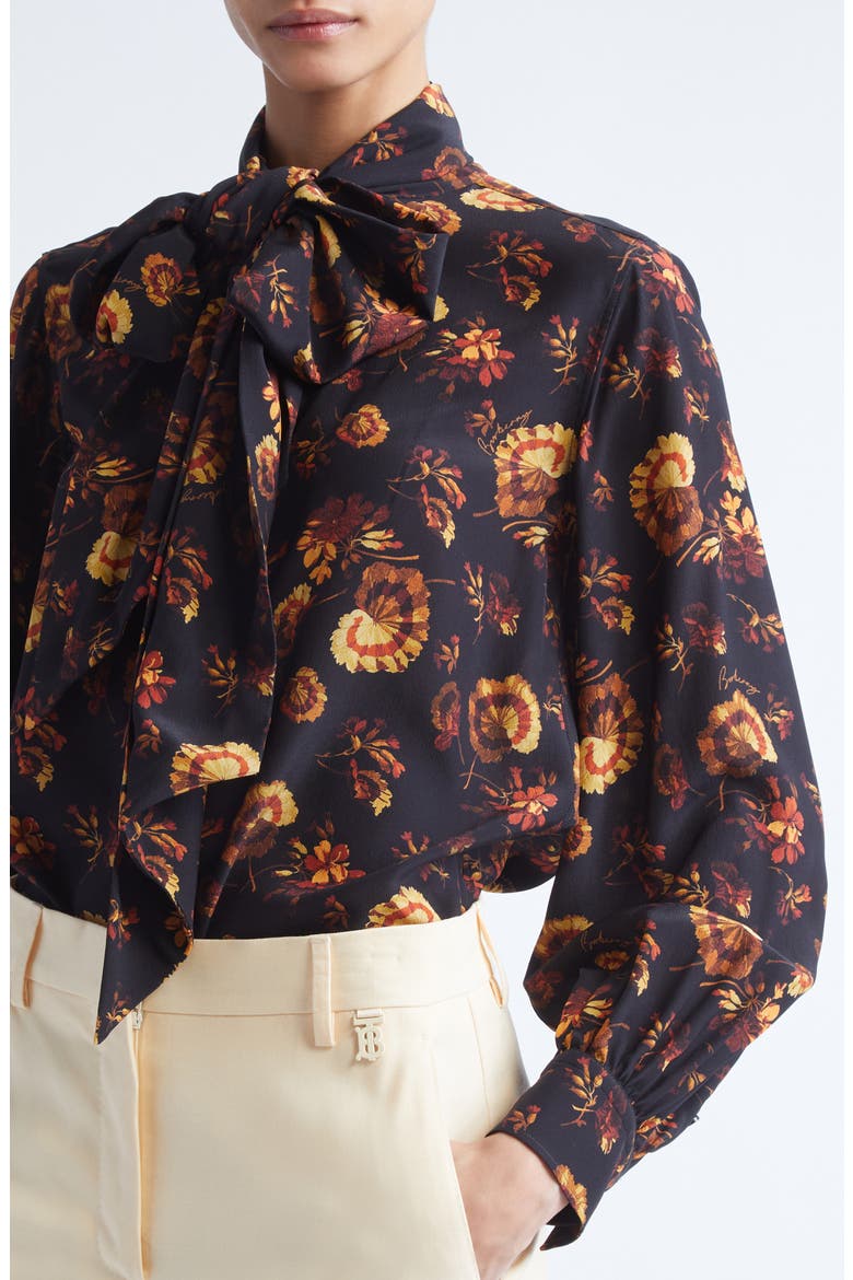 Lina Floral Print Tie Neck Silk Shirt, Alternate, color, CRIMSON RED