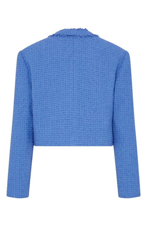 Milly Serena Fringe Detail Cotton Blend Tweed Jacket In Blue