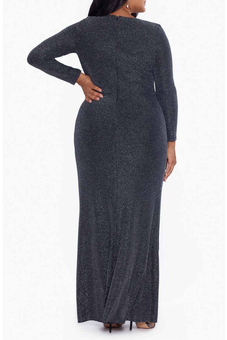 Metallic Long Sleeve Ruffle Side Slit Gown, Alternate, color, BLACK/ SILVER
