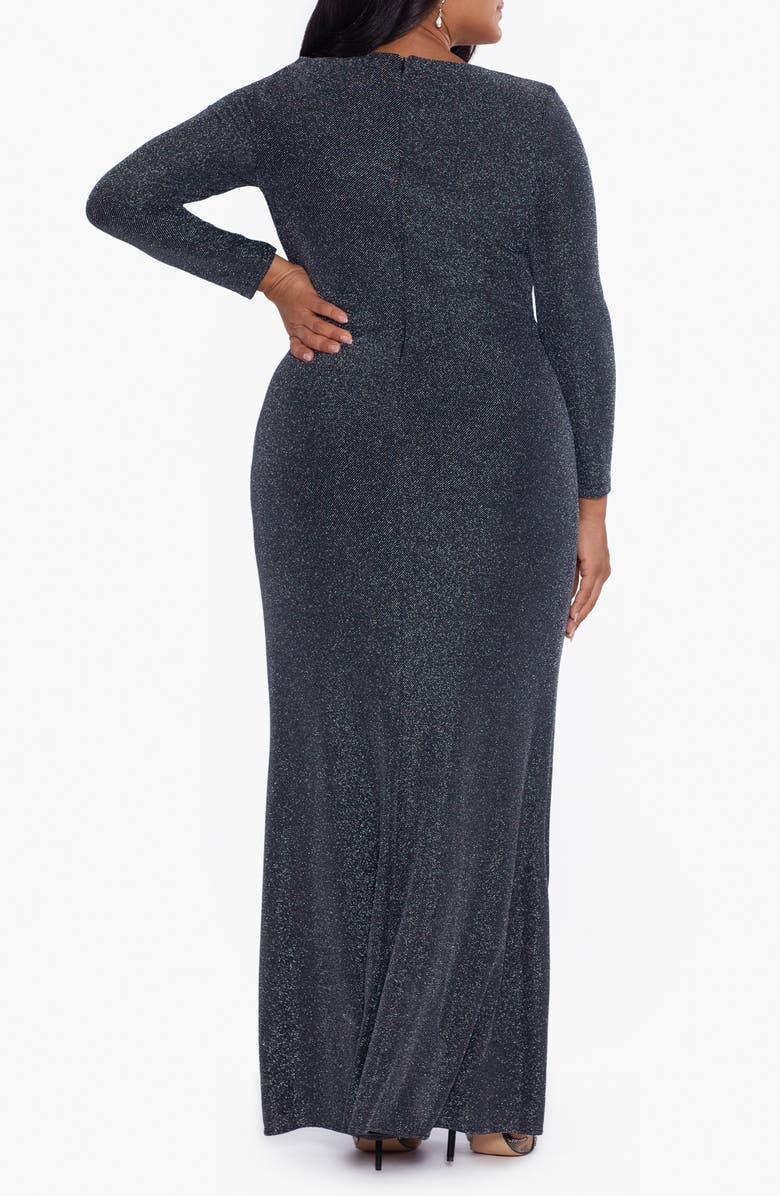 Betsy & Adam Metallic Long Sleeve Ruffle Side Slit Gown, Alternate, color, Black/ Silver