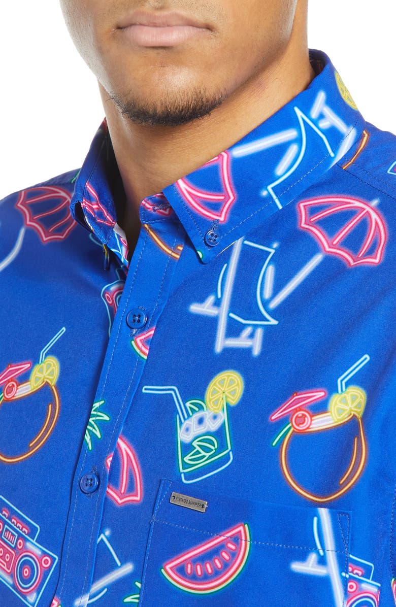 Vintage Summer Neon Water Repellent Short Sleeve Button-Down Shirt, Alternate, color,