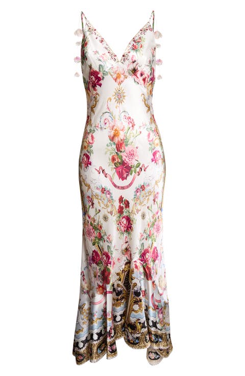 Mixed Print Floral V-Neck Silk Charmeuse Slip Dress