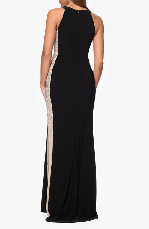 Xscape Evenings Beaded Mesh Detail Sleeveless Sheath Gown In Black/nude/silver