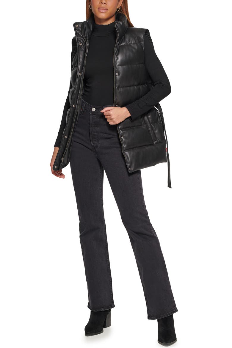 361™ Belted Water Resistant Faux Leather Puffer Vest, Alternate, color, BLACK