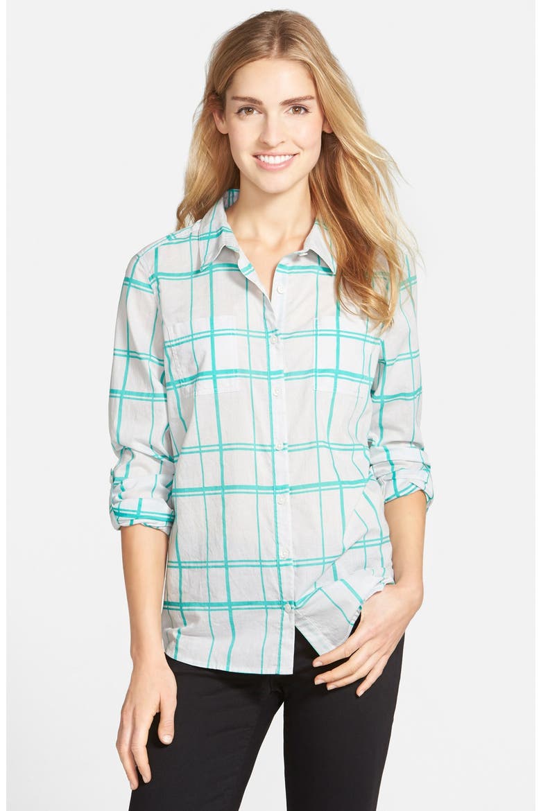 Long Sleeve Shirt, Main, color, GREY- TEAL PLAID PRINT