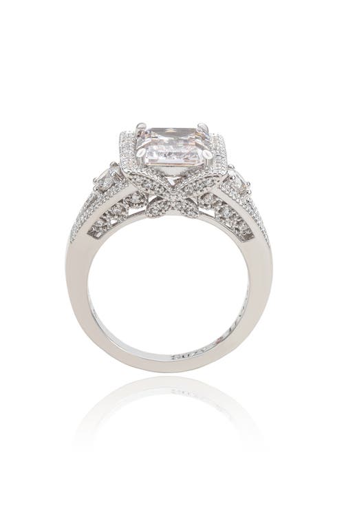 Suzy Levian Sterling Silver White Emerald Cut Cubic Zirconia Pave Engagement Ring In Silver