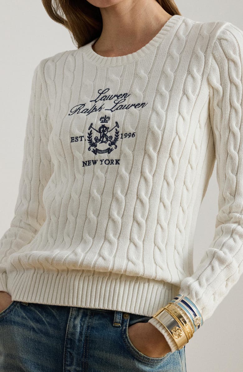Lauren Ralph Lauren Cable Knit Embroidered Sweater, Alternate, color, White