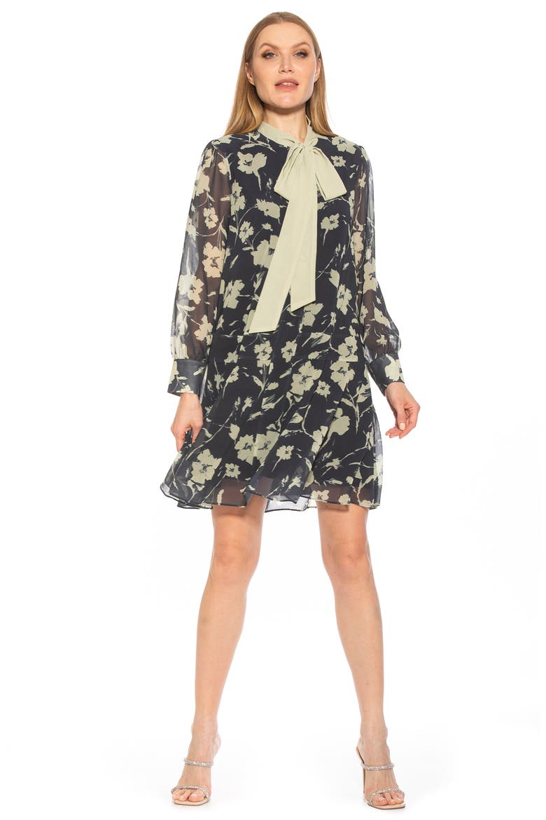 Drop Waist Tie Neck Long Sleeve Dress, Alternate, color, BLACK WHITE FLORAL