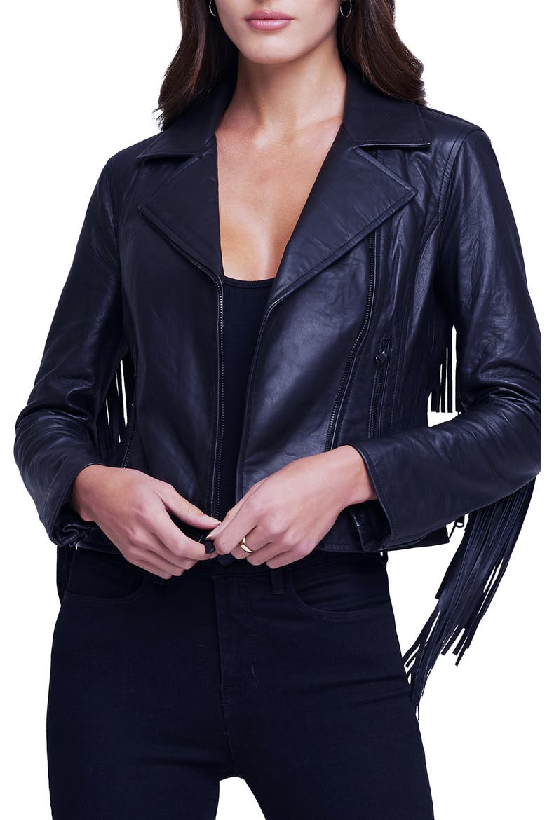 Kravitz Fringe Leather Moto Jacket, Main, color, BLACK