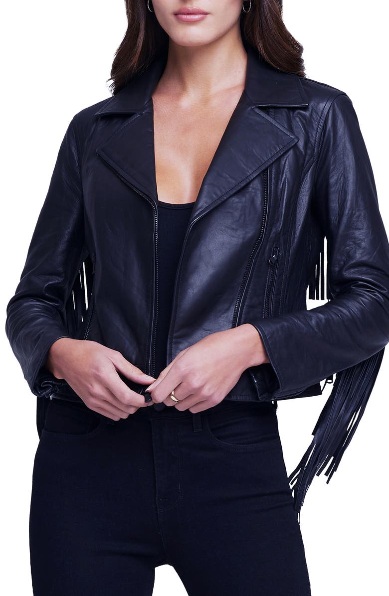 L'AGENCE Kravitz Fringe Leather Moto Jacket, Main, color, 