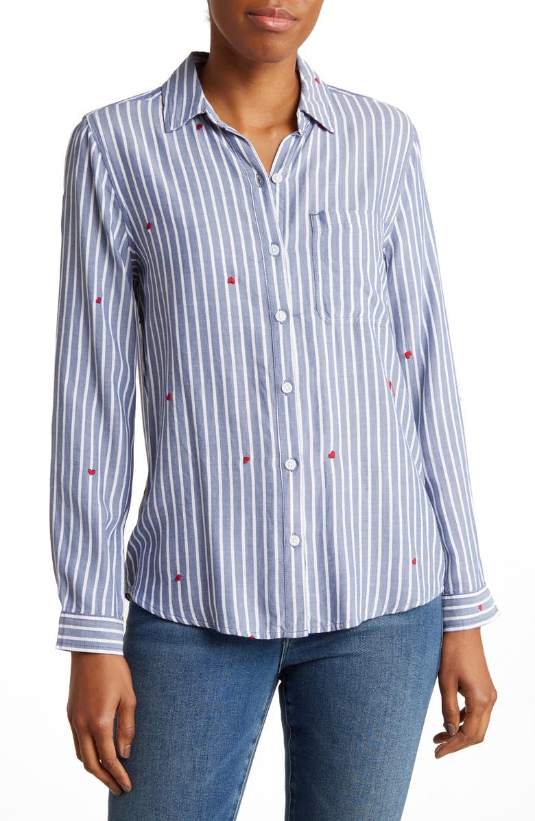 beachlunchlounge Kaylee Heart Stripe Long Sleeve Button-Up Shirt, Main, color, 