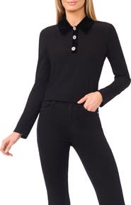 CeCe Velvet Rhinestone Polo Top