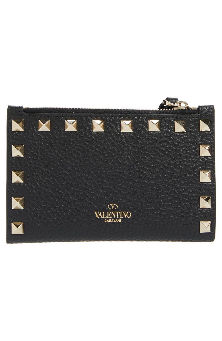 Valentino Garavani Rockstud Zip Coin & Card Pouch, Alternate, color, Nero