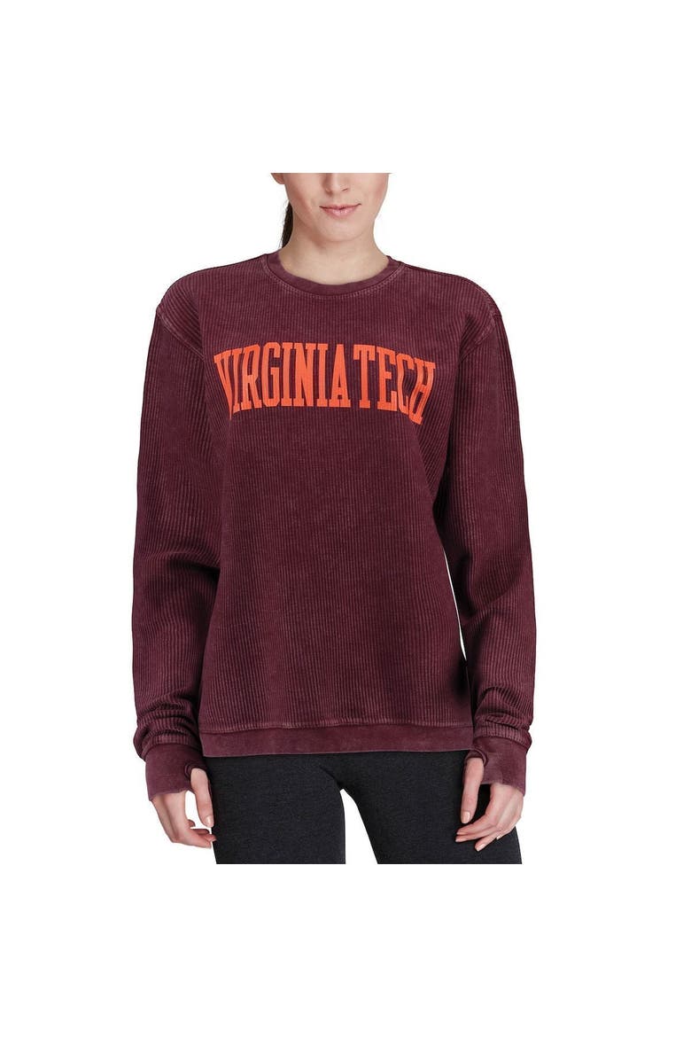 Women's Pressbox Maroon Virginia Tech Hokies Comfy Cord Vintage Wash Basic Arch Pullover Sweatshirt, Alternate, color, MAROON