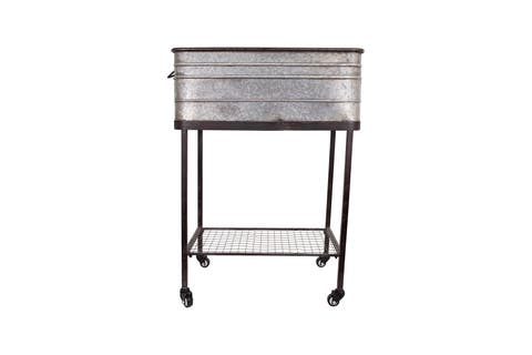 Metal Planter Tub on Stand with Rolling Wheels, Galvanized Silver and Black