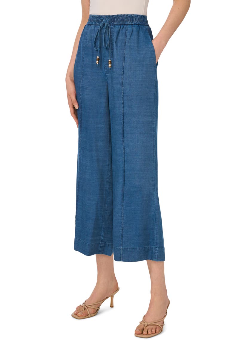 Pintuck Chambray Wide Leg Crop Pants, Main, color, MEDIUM INDIGO