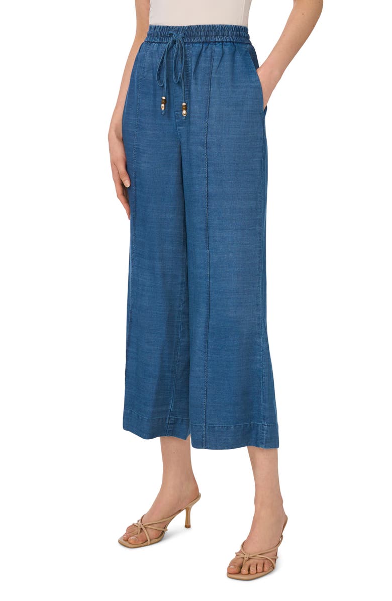 CeCe Pintuck Chambray Wide Leg Crop Pants, Main, color, Medium Indigo