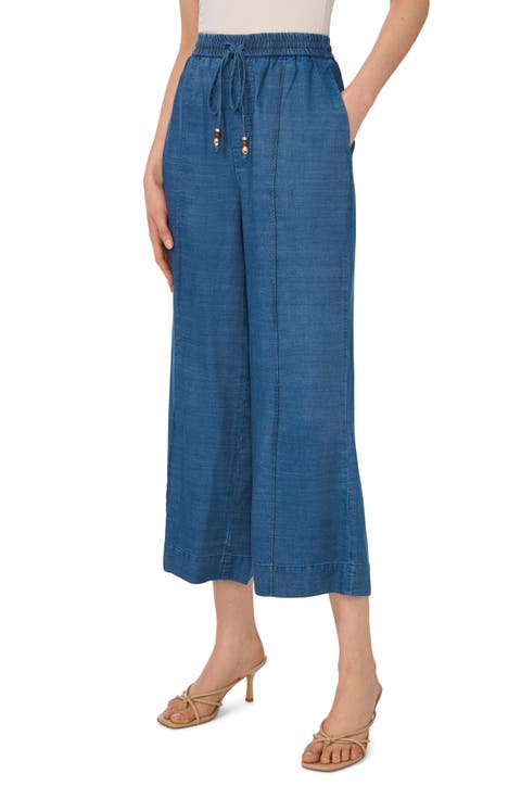 Pintuck Chambray Wide Leg Crop Pants