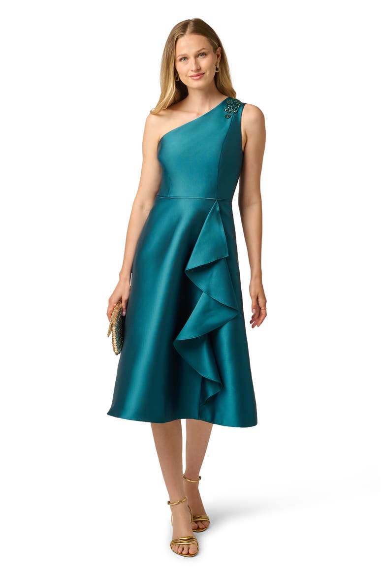 Embellished One-Shoulder Mikado Cocktail Dress, Alternate, color, HUNTER