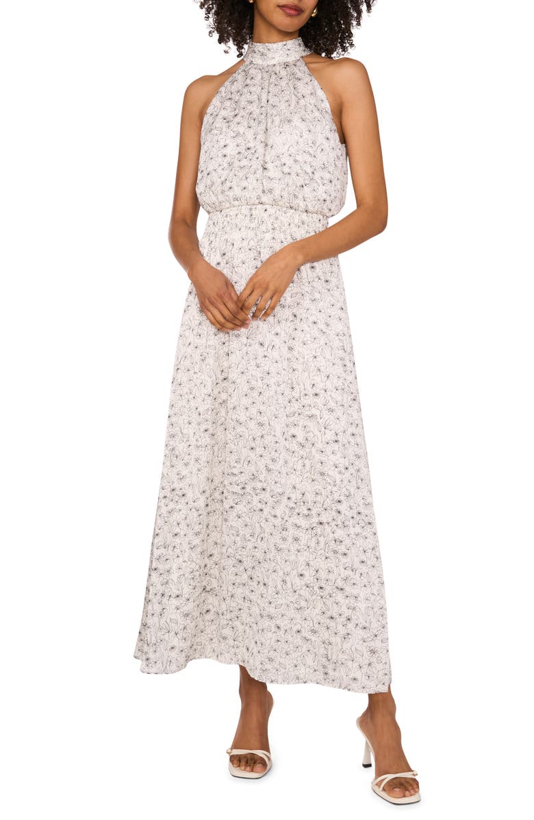 Vince Camuto Floral Satin Midi Dress, Main, color, New Ivory