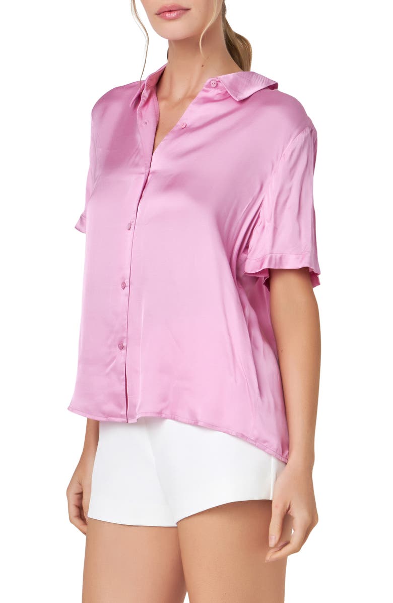 English Factory Short Sleeve Satin Shirt, Alternate, color, Pink