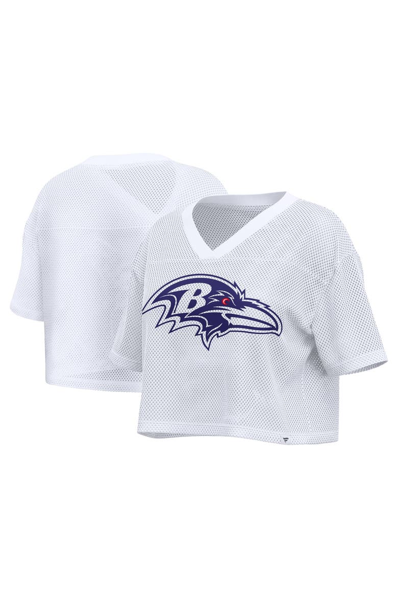 Women's Fanatics White Baltimore Ravens Oversized Mesh Cropped V-Neck Jersey, Main, color, White