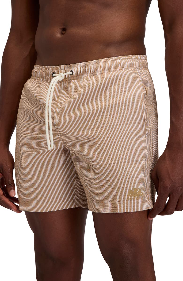 Sundek Stripe Seersucker Swim Trunks, Alternate, color, Safari