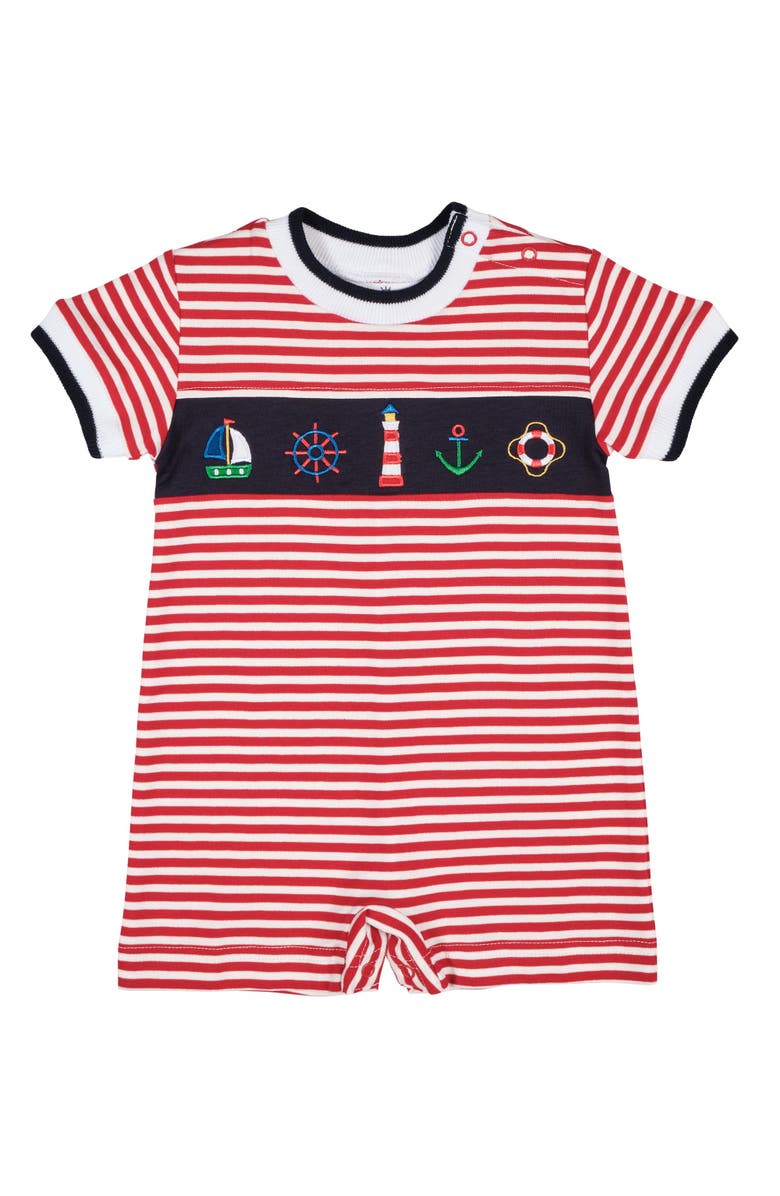 Florence Eiseman Stripe Knit Shortall With Nautical Applique, Main, color, Red/White