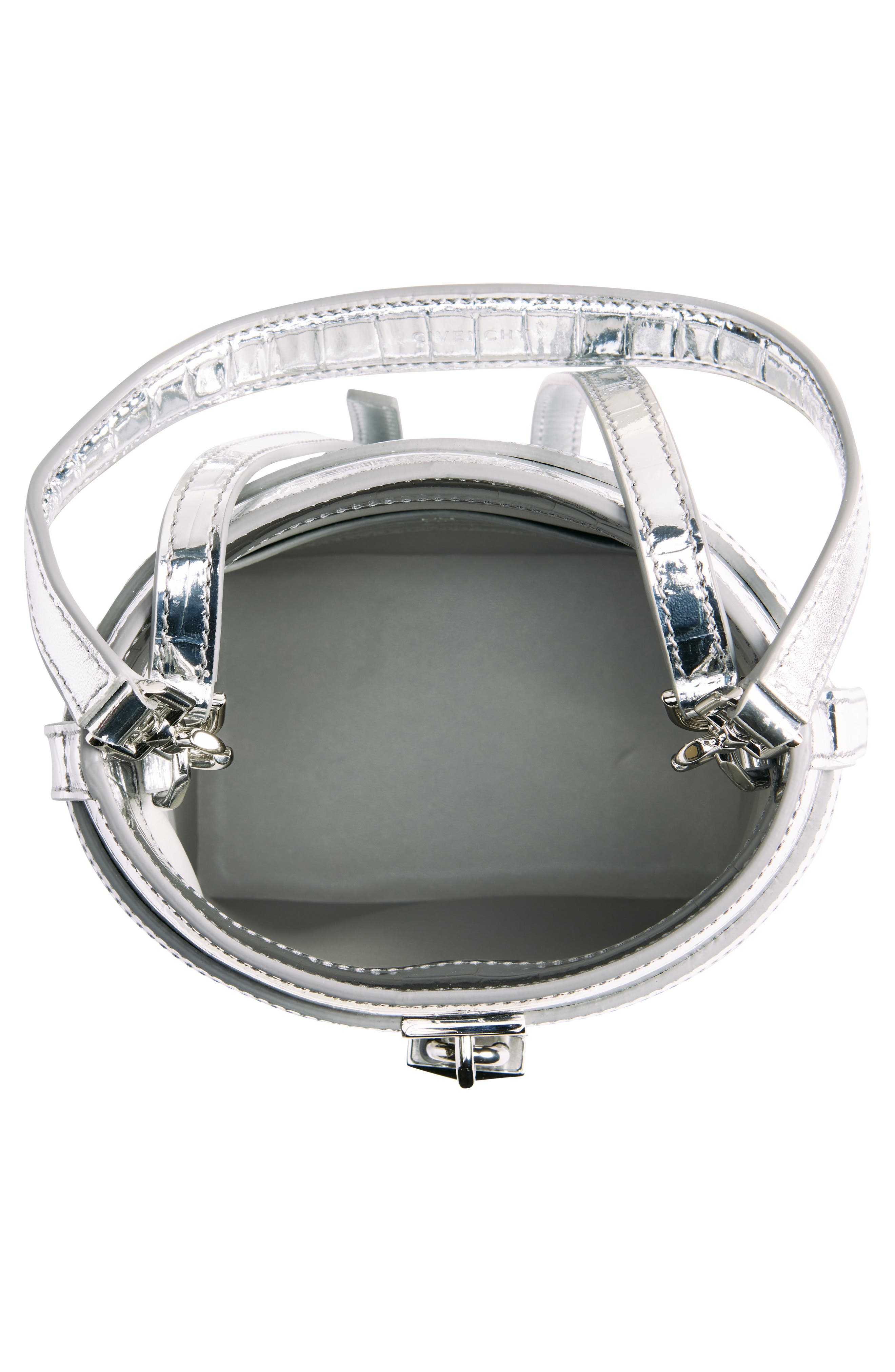 Shark Lock Metallic Croc Embossed Leather Bucket Bag, Alternate, color, LIGHT SILVERY