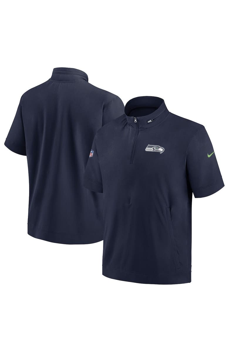 Nike Men's Nike College Navy Seattle Seahawks Sideline Coach Short Sleeve Hoodie Quarter-Zip Jacket, Main, color, Navy