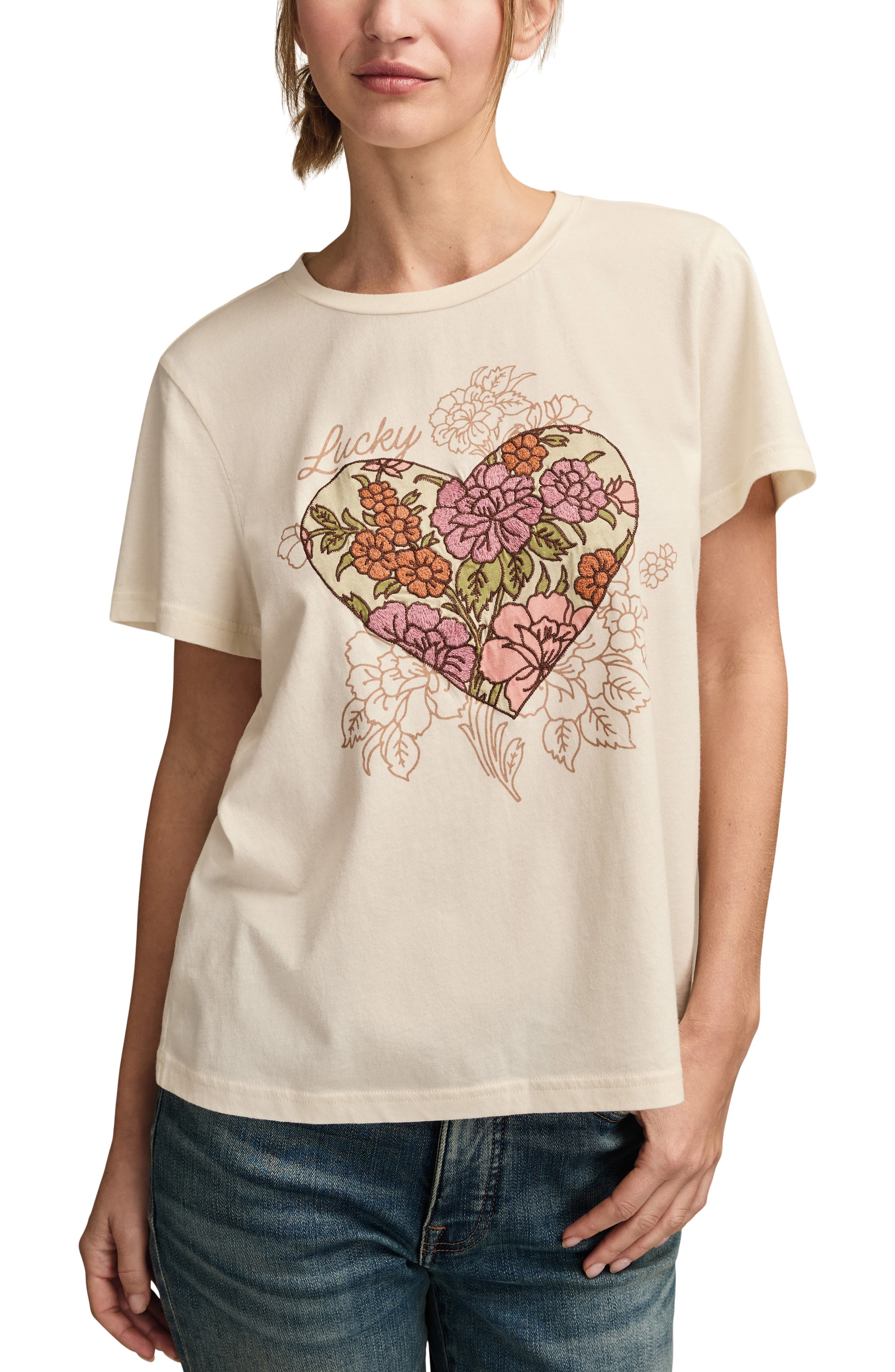 Lucky Brand Classic Embroidered Floral Heart Cotton T-Shirt