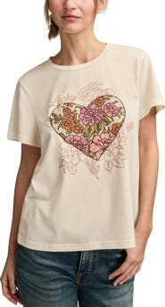Lucky Brand Classic Embroidered Floral Heart Cotton T-Shirt
