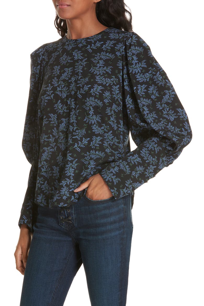 Clarke Puff Sleeve Stretch Poplin Top, Alternate, color, BLACK/ BLUE