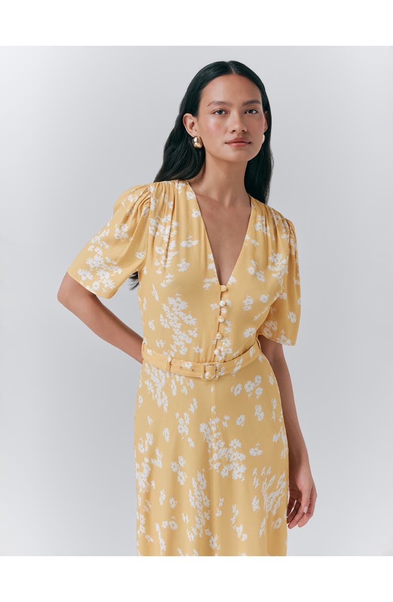 Ghost London Jemima Crepe Floral Belted Midi Dress, Alternate, color, Yellow Daisy Ray